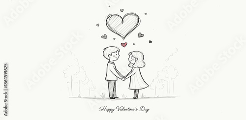 A charming hand-drawn illustration celebrating love with a couple holding hands under a heart, perfect for Valentine's Day and romantic occasions