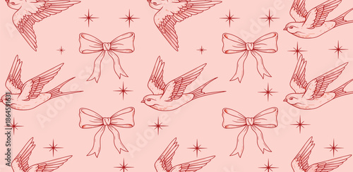 Whimsical seamless pattern of elegant hand-drawn swallows, dainty bows, and star accents on a soft rose-pink background, for romantic vintage charm