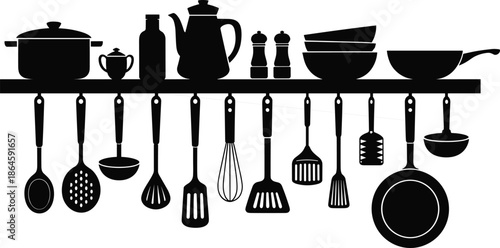 Kitchen utensils silhouette illustration, cooking tools hanging shelf, pots pans ladles, home culinary equipment, black vector icon set, minimal design