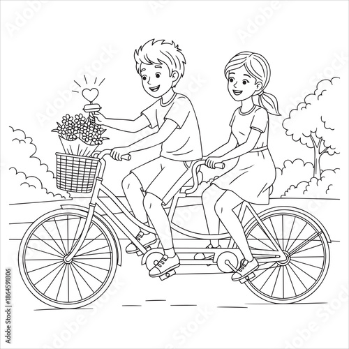 Couple riding tandem bicycle with flowers and heart symbol bike