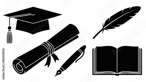 Graduation cap, diploma, and education icons in black