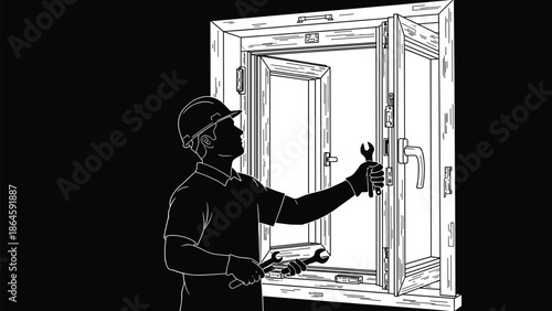 Professional technician in a hard hat and gloves using a wrench to install or repair a modern plastic window frame, line art.