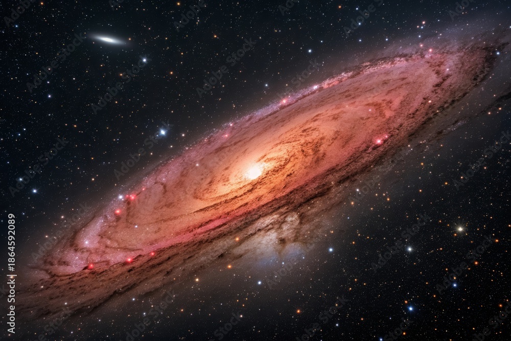 Fototapeta premium A Reddish Distant Ancient Galaxy Displaying Cosmic Beauty and Intricate Star Formation