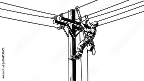 Utility worker climbing pole, safety gear, electrical maintenance, black and white, CAD drawing flat vector illustration, power lines, harness equipment