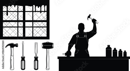 Workshop silhouette, craftsman at bench, hand tools, black and white, CAD drawing flat vector illustration, manual labor, industrial workspace