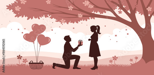 Man on one knee proposing marriage to his partner under a blossoming tree, surrounded by romantic heart-shaped balloons and a thoughtful gift basket, symbolizing a heartfelt engagement