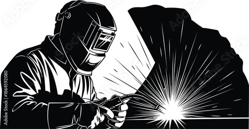 Welding worker silhouette, protective gear, industrial sparks, metal fabrication, black and white, CAD drawing flat vector illustration, safety helmet, gloves