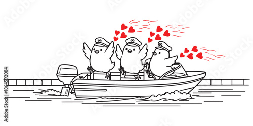 Three cartoon chicks wearing captain hats on a boat with red hearts bird water
