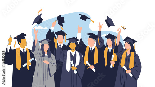 Diverse group of graduates celebrating with diplomas and caps