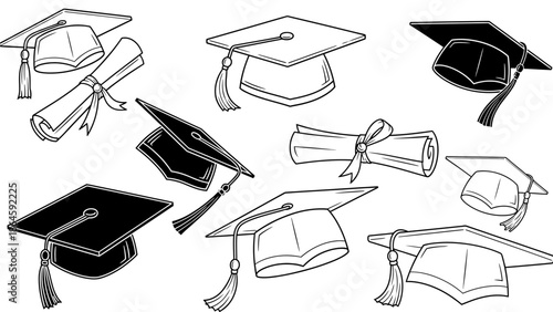 Graduation caps and diplomas in elegant line art style
