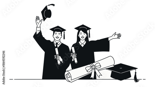 Happy graduates celebrating with diplomas and caps in air