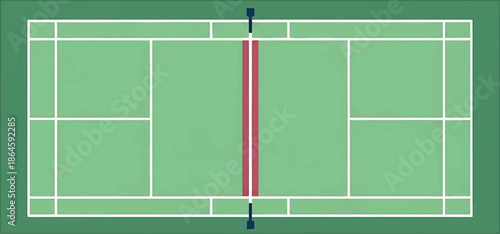Vector illustration of a tennis court with a red center line and blue net posts on a green surface with white markings for sport.
