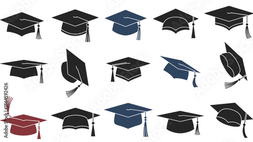 Graduation caps in various colors and styles