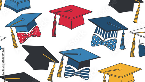 Colorful graduation caps and tassels with stylish bow ties
