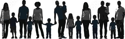 Diverse family silhouettes standing together showing parents children bonding love parenting lifestyle unity modern society vector illustration concept design collection