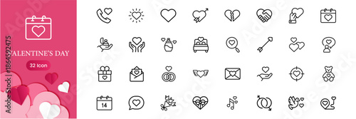 Valentine’s Day icons set with love and romance symbols, heart themed vector illustrations for couples, gifts, greetings, apps, and web design.