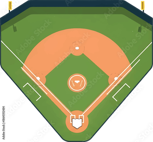 Vector illustration of a baseball field with a green grassy infield and dirt basepaths, viewed from above, showcasing sport facilities.