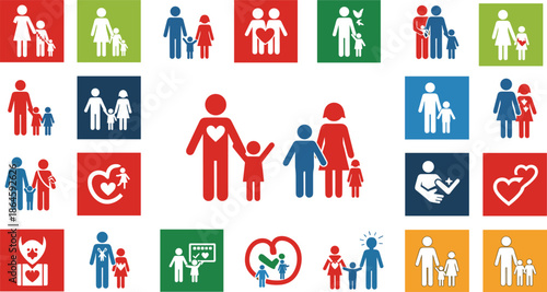 Family icons set showing parents children love care protection adoption diversity social relationships healthcare charity vector illustration symbols design collection