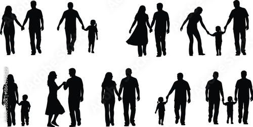 Family silhouettes collection showing couples parents and children walking together expressing love bonding parenting unity lifestyle vector illustration set