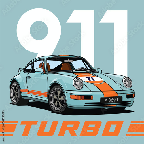 Retro Turbo Sports Car 911 Vintage Automotive Vector Illustration With Racing Stripes And Classic