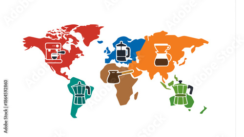 Global Coffee Brewing Traditions Flat World Map Vector