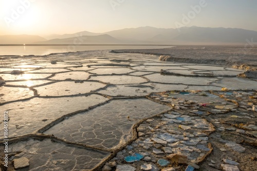 Cracked Mud Flats Creating a Mosaic Pattern in Death Valley National Park, Under a Hazy Sky
