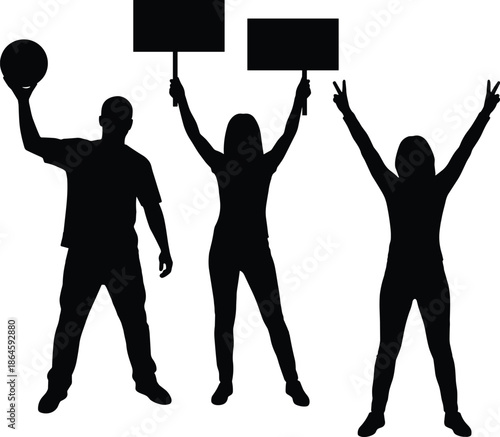Protest crowd silhouette people holding signs raising hands demonstration activism freedom illustration isolated white background vector design concept rally unity