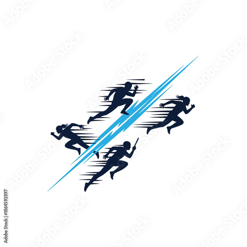Dynamic graphic illustration of four stylized runners in motion, separated by a diagonal blue lightning bolt, symbolizing speed and competition.