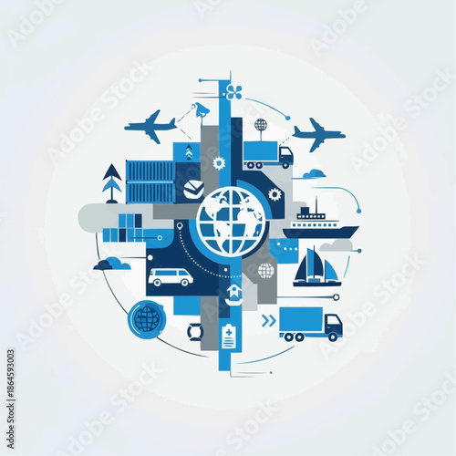 Global transportation network illustration showcasing various modes of transport and logistics around the world