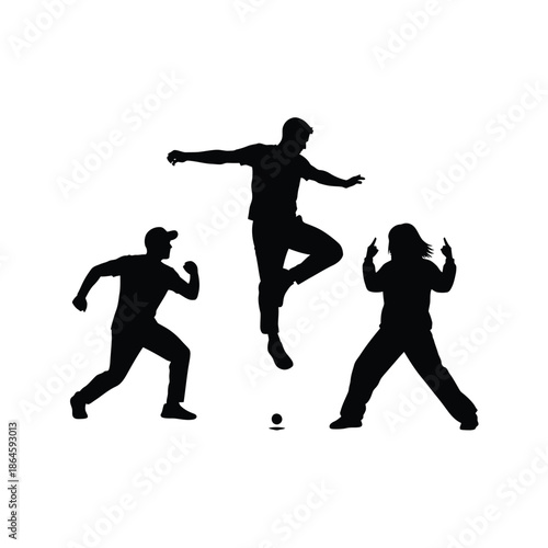 Silhouettes of three people actively engaged in a game or sport, with one jumping, on a plain white background.