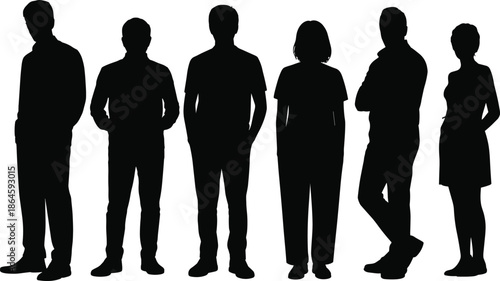 Set of diverse male and female silhouettes standing in various professional and casual poses isolated on white background for graphic design