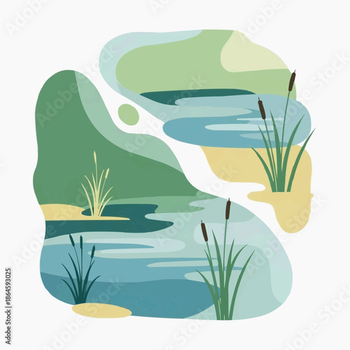 Serene landscape illustration featuring a winding river and lush vegetation in a peaceful environment from a bird's eye view