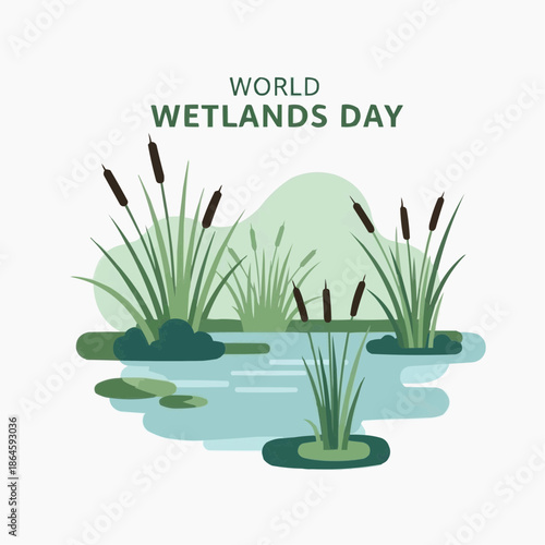 Celebrating World Wetlands Day with a serene illustration of lush greenery and water plants in a peaceful environment