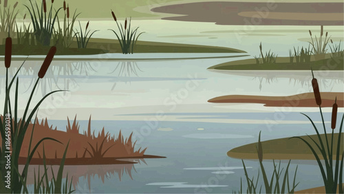 Serene wetland landscape with plants and water from a distant viewpoint