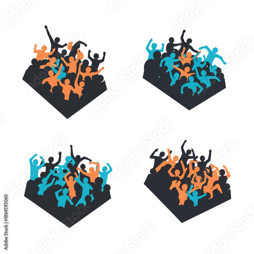 Four isometric views of cheering and dancing crowd silhouettes in orange and blue on a dark base, depicting lively celebration.