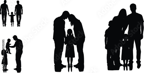 Family silhouettes showing parents and children expressing love protection bonding parenting relationships unity lifestyle vector illustration concept design collection scene