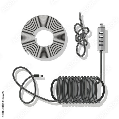 Various states of black and grey cables, including coiled, tangled, and neatly wrapped configurations with connectors, on a white background.