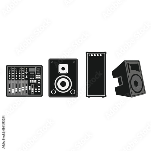 Collection of various audio equipment including a mixing console and different types of speakers in a flat design.