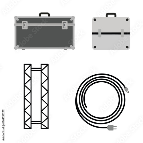 Collection of event production equipment including flight cases, stage truss, and electrical cable.