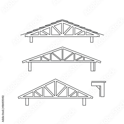 Line art illustrations of various roof truss designs for building construction.