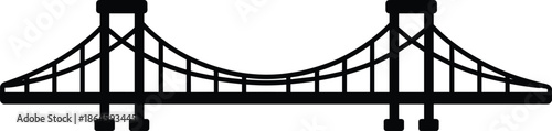 Suspension bridge icon illustration, black architectural silhouette, modern infrastructure symbol, isolated vector design, transportation engineering concept, minimal flat style graphic
