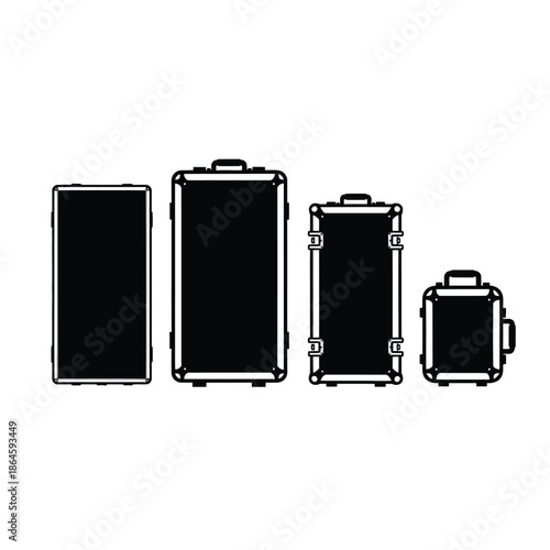 Four black rectangular travel cases or equipment boxes of varying sizes, arranged in a line from largest to smallest.