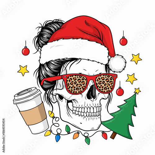 Christmas Skull wearing Santa Hat and Leopard Print Sunglasses with Festive Lights and Tree - Vector Illustration