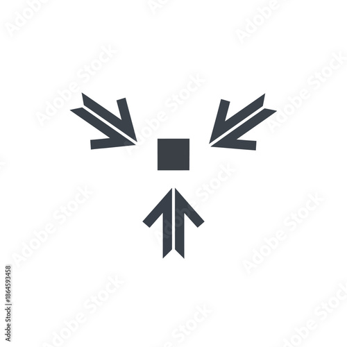 Abstract icon of three arrows converging on a central square, symbolizing focus, meeting, or consolidation.