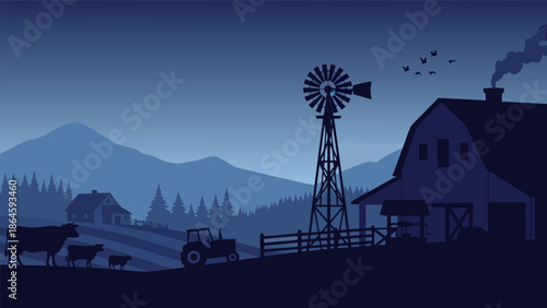 Serene countryside farm vector illustration at dusk with a windmill, barn, tractor, and cows under a blue twilight sky