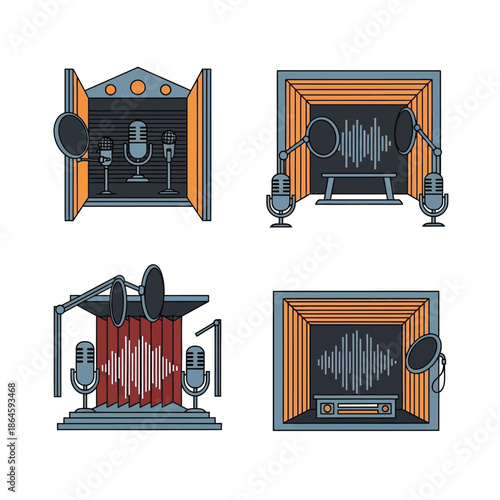 Set of four illustrations depicting various professional recording studio booths with microphones and sound wave graphics for audio production.