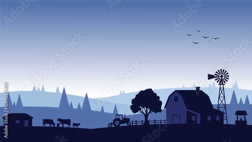 serene rural landscape vector illustration featuring a farm with barn, tractor, animals, and windmill under a clear sky