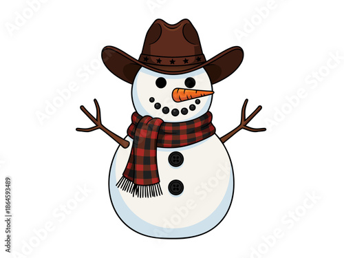 Cute snowman wearing a cowboy hat and scarf, vector illustration for winter holidays and Christmas. This charming graphic depicts a festive character