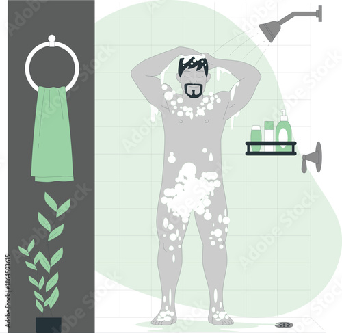 Person washing themselves under shower in bathroom with soap suds on body and hands on head