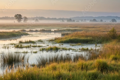 Extensive Inundation of a Vast Natural Marshland at Dawn with Fog and Trees, Showing the Serenity and Beauty of Nature